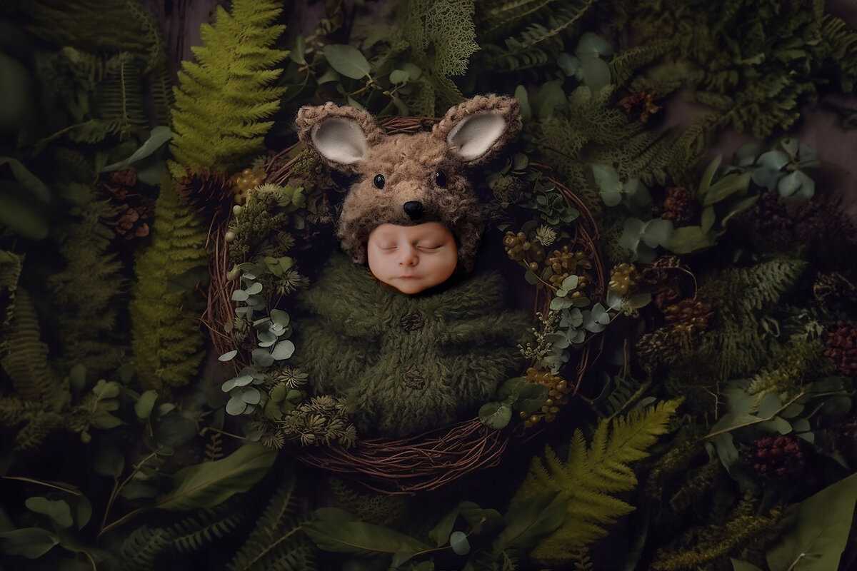 Baby wearing deer hat in basket with green blankets