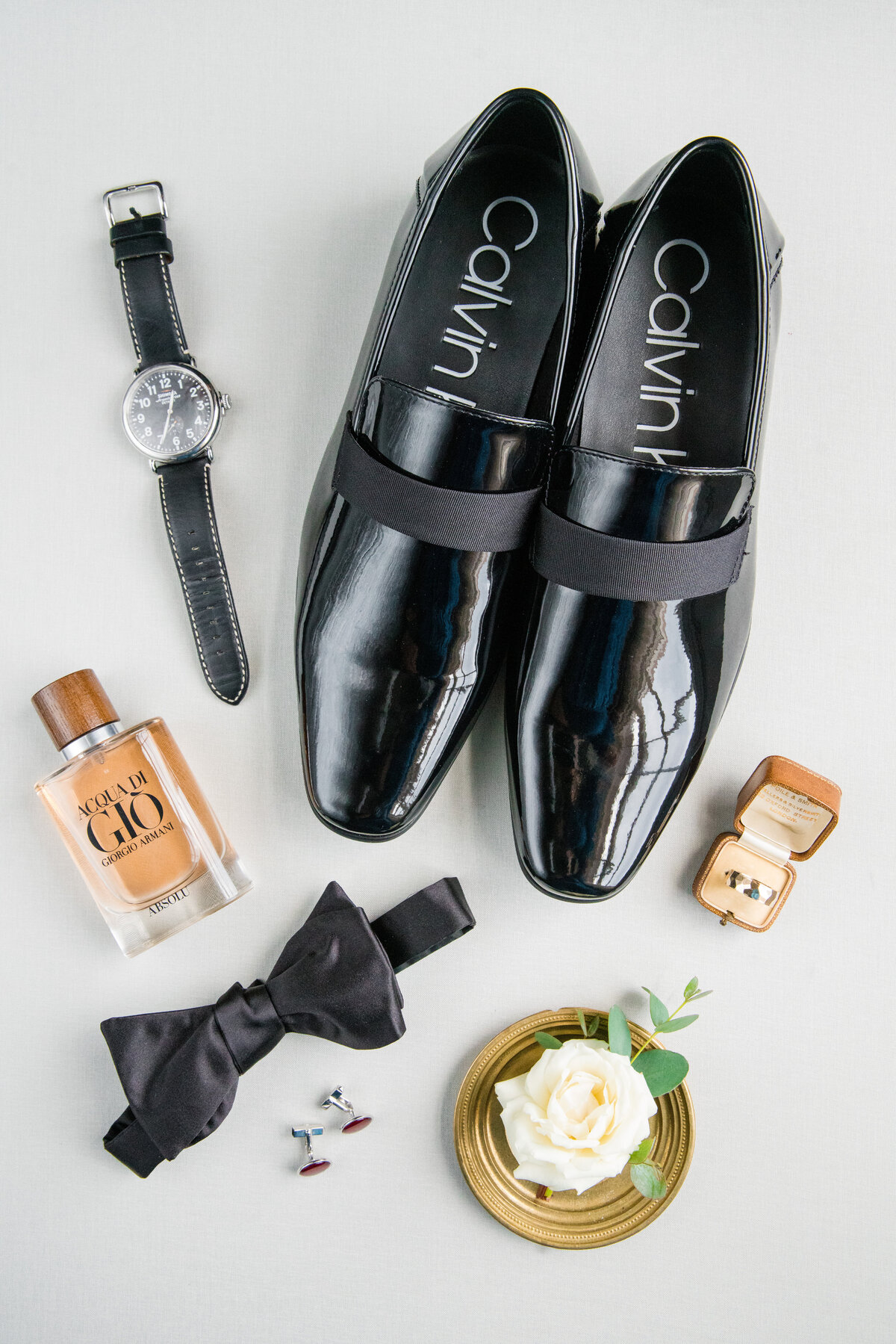 Groom detail shot including watch, shoes, and bowtie | Charleston Wedding Photographer Dana Cubbage