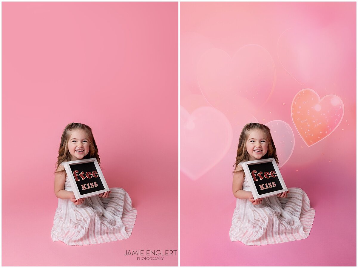 Darling little girl Valentine set up holding a "free kiss" sign in her lap