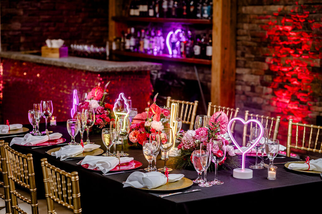 Sophisticated bat mitzvah tablescape with layered textures, floral accents, and custom menus at Stone House at Stirling Ridge in NJ.