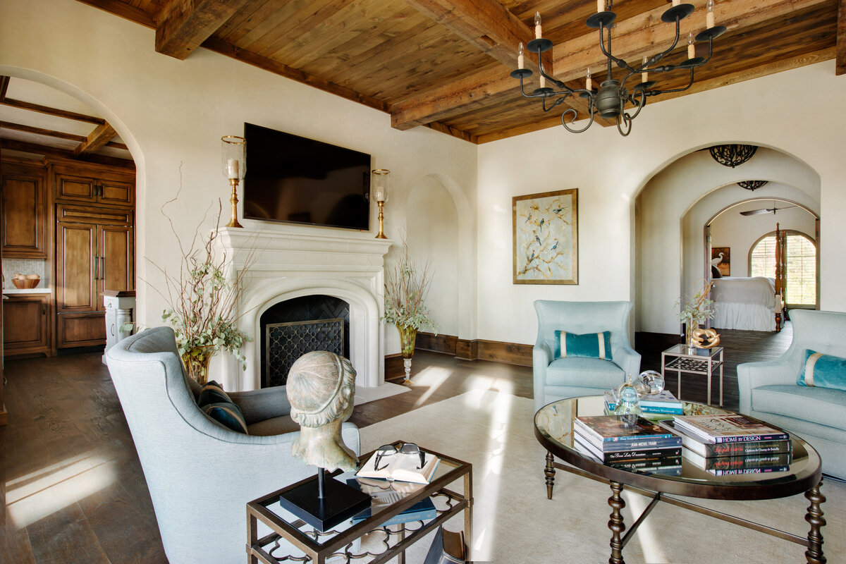 Panageries Residential Interior Design | Italian Country Villa Seating Room with Television and Fireplace
