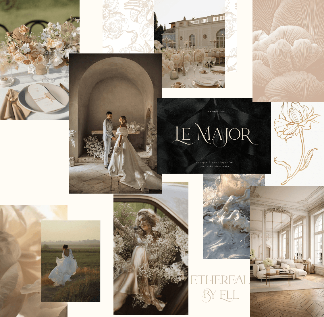Brand moodboard for Luna Raie featuring light neutrals and soft textures inspired by skincare