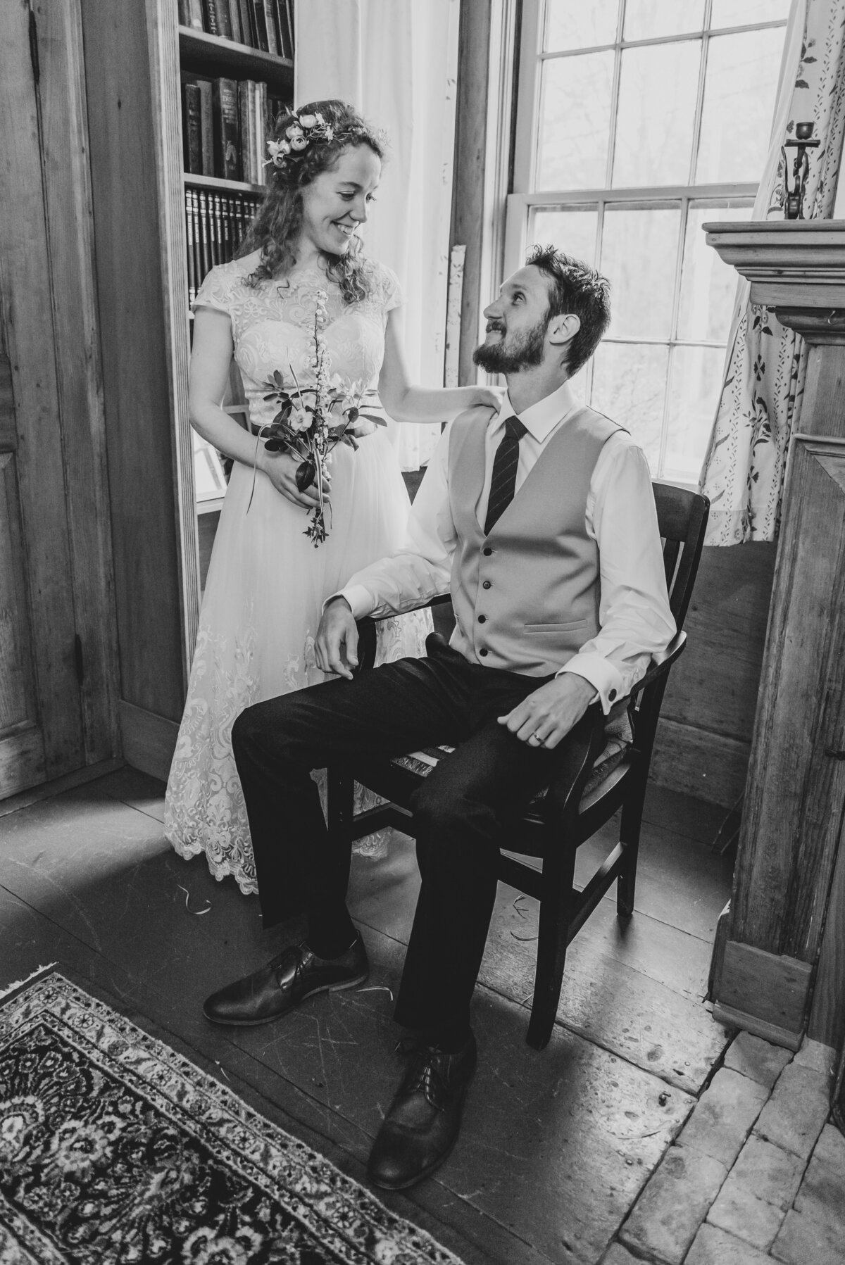Bride and groom in vintage farmhouse in New Hampshire