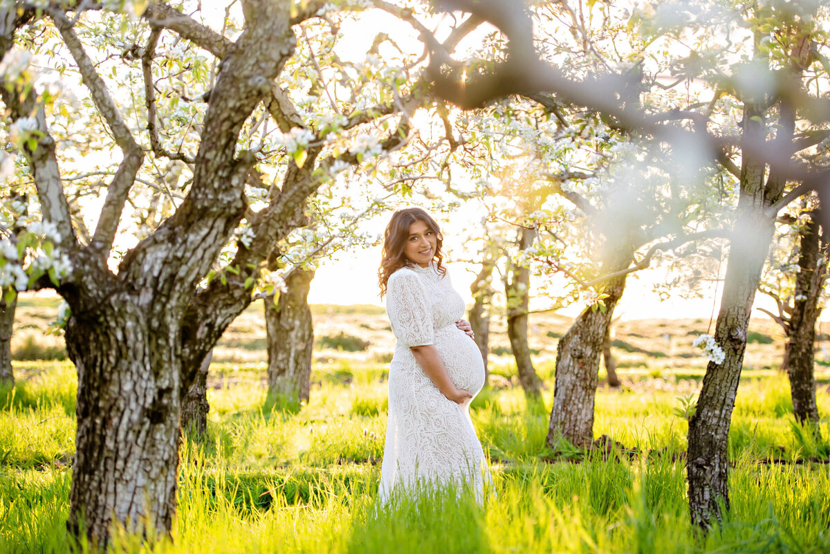 Pregnant mom wearing a white maternity dress at the white cherry blossoms for her outdoor maternity photography session