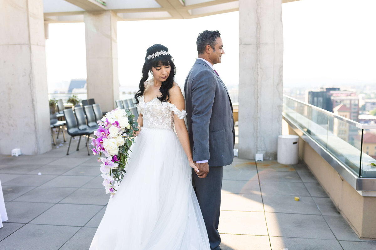 Bride and groom first look at The Aertson hotel, Nashville