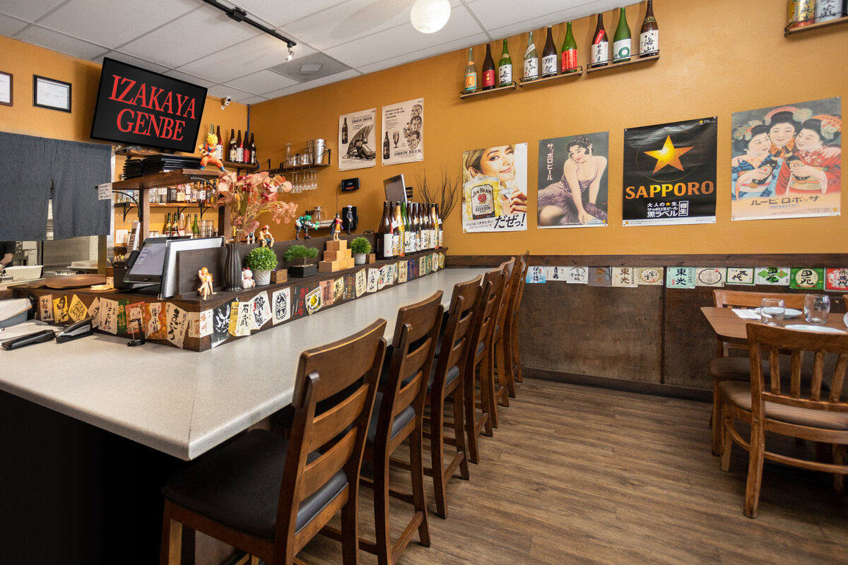Interior photograph ofIzakaya Genbe in Kihei, Hawaii. Shown empty to show the space. Traditional Japanese cuisine served in an authentic Japanese style restaurant.