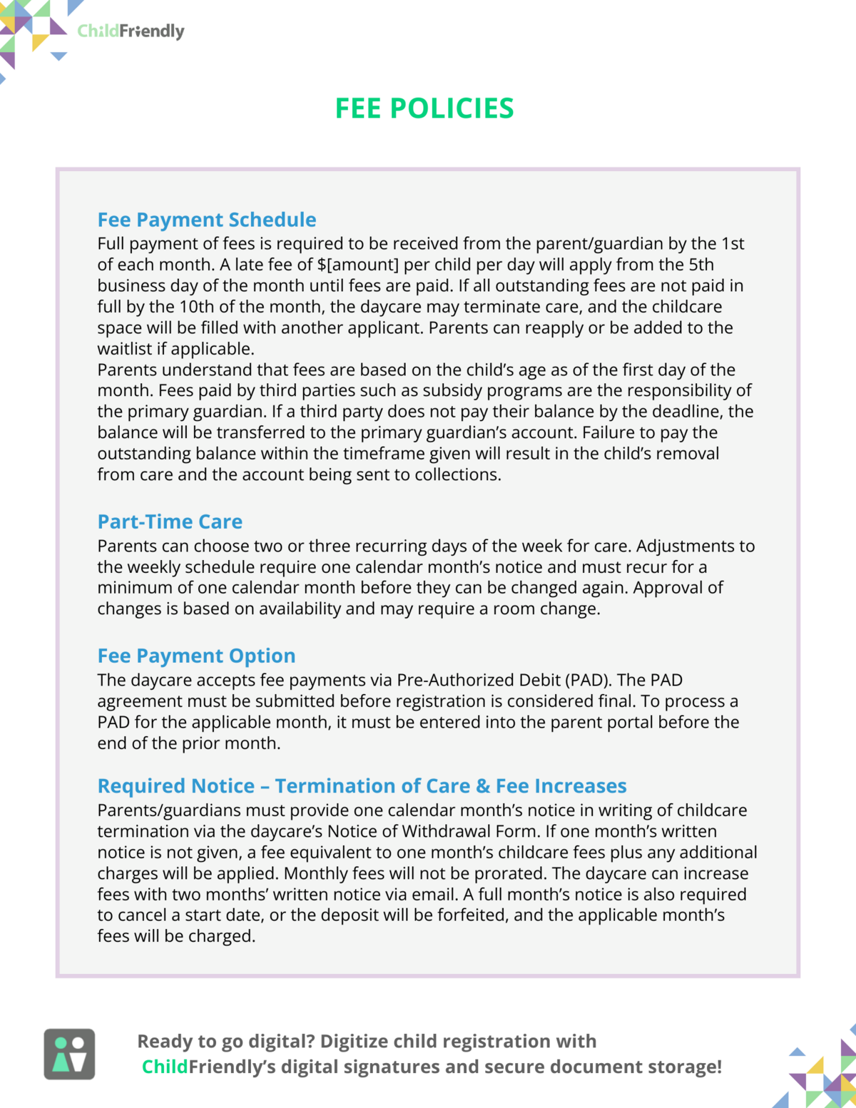 Fee Policies Template ChildFriendly Fee Policies Template ChildFriendly