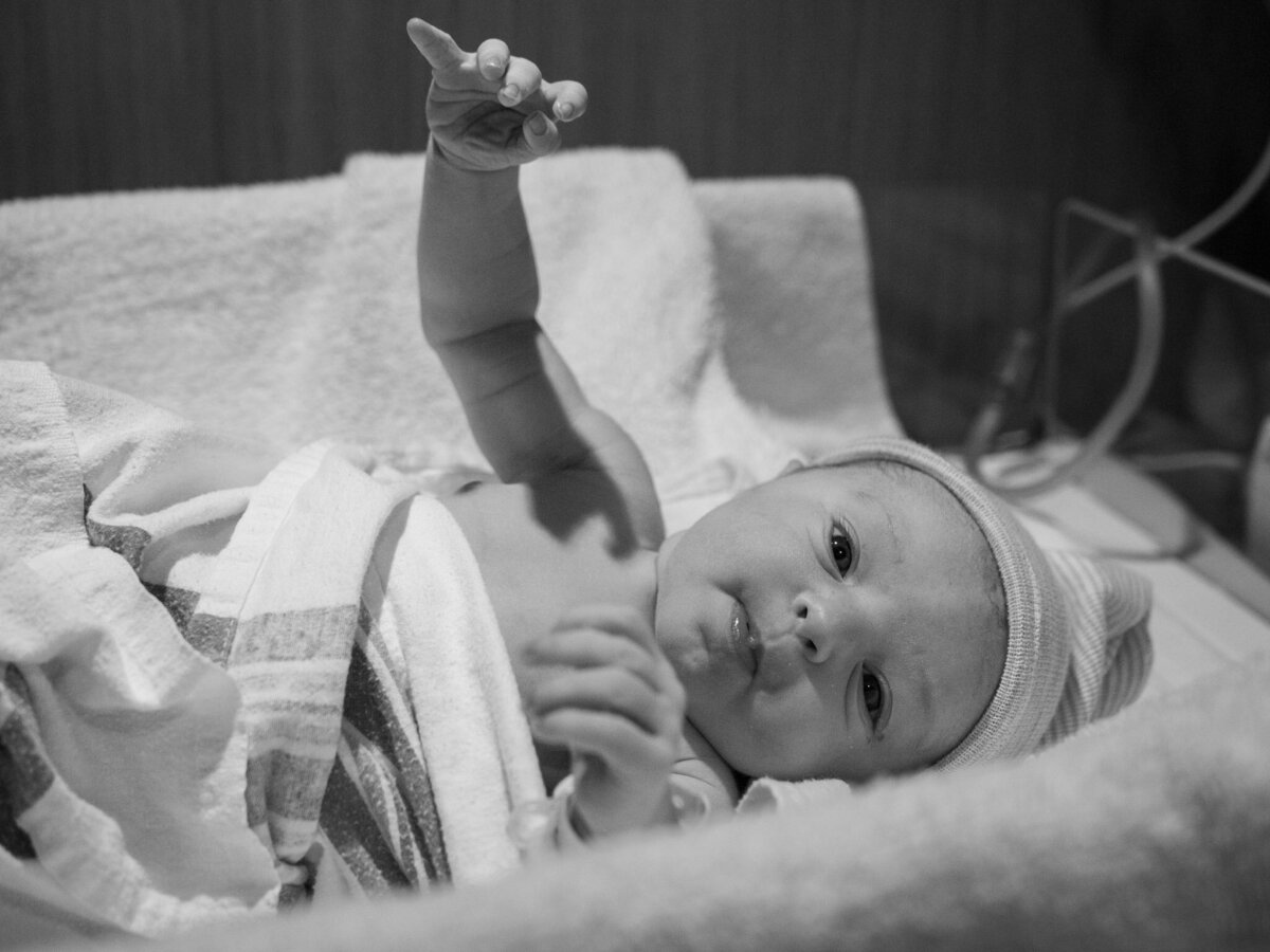 A newborn infant is laying in a hospital warming bed with it's hand lifted up as if it were waving to the viewer.