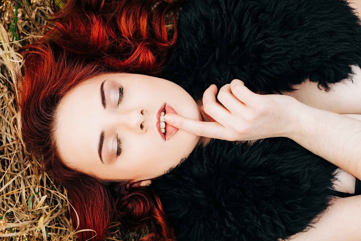 Montana model with red hair and black fur, Pattee Canyon, Missoula