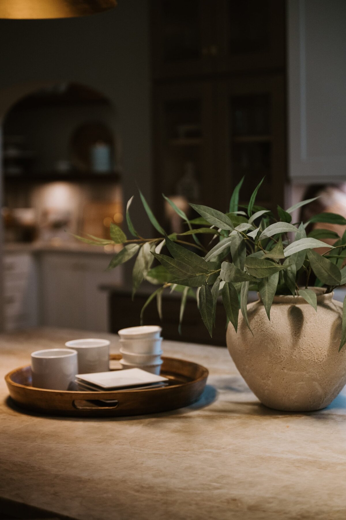 dewine design orlando interior design vintage cove trail kitchen island with wooden tray and plant