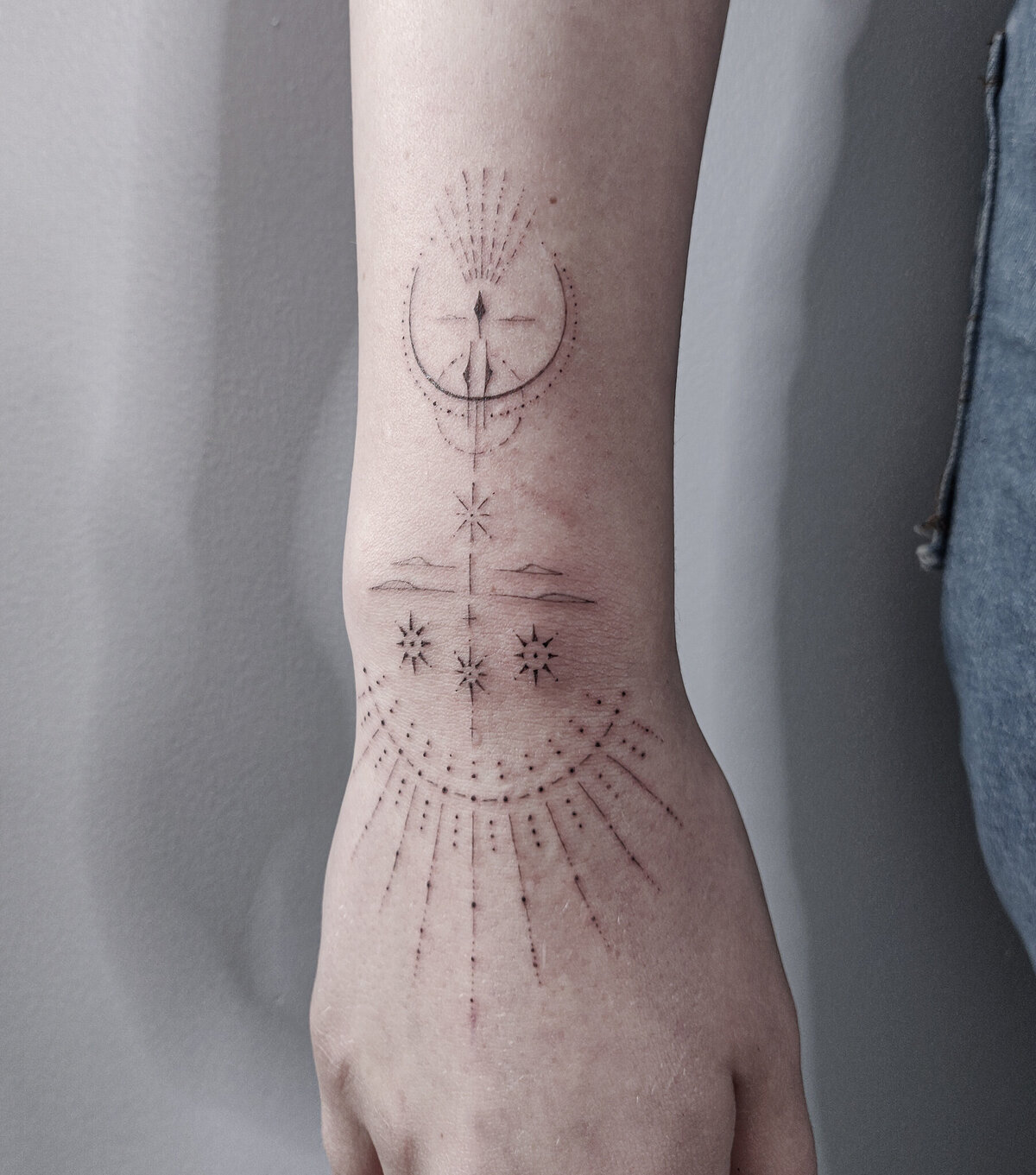 single needle tattoo, moon tattoo, sun  tattoo, stars tattoo,