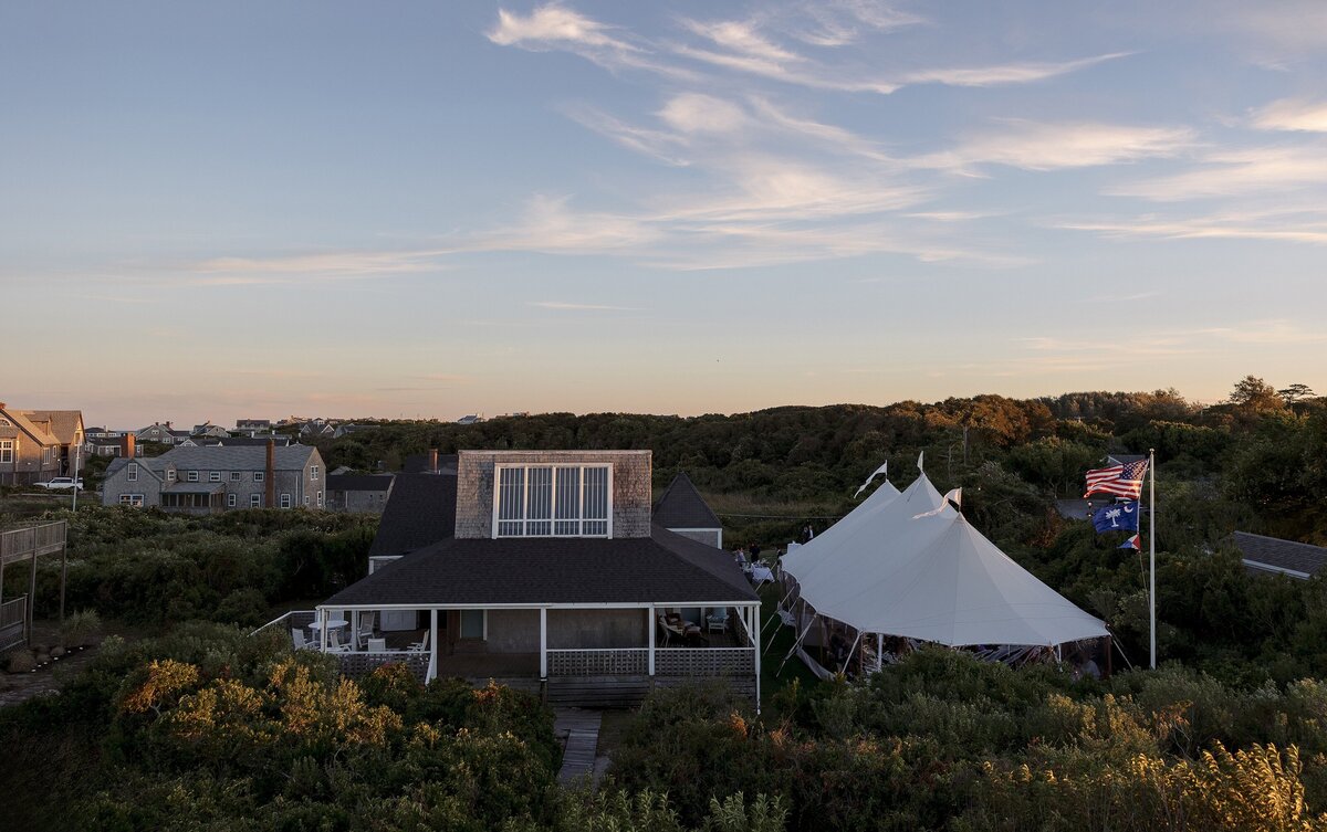 Aerial view of tented wedding reception on Nantcuket.