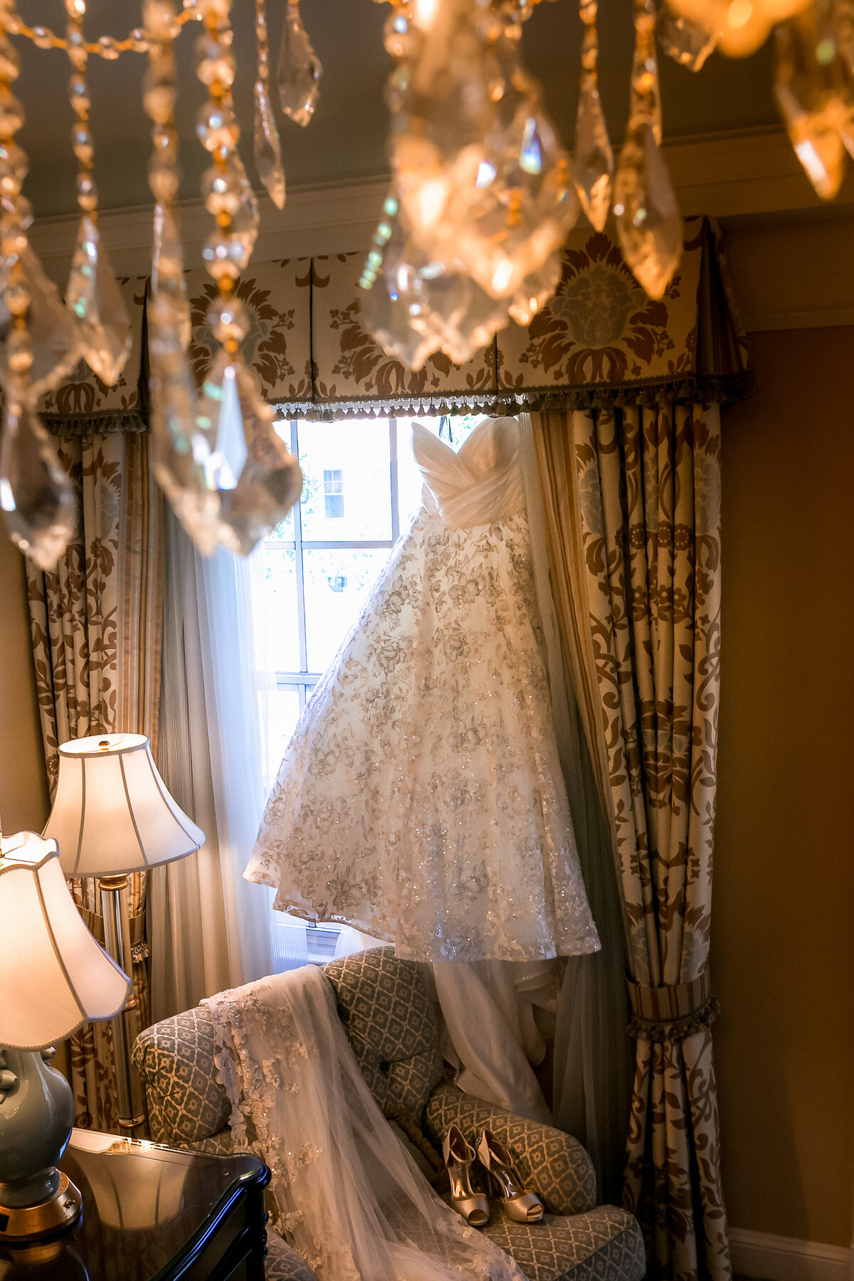 Wedding Dress Hanging in the Window at the Broadmoor
