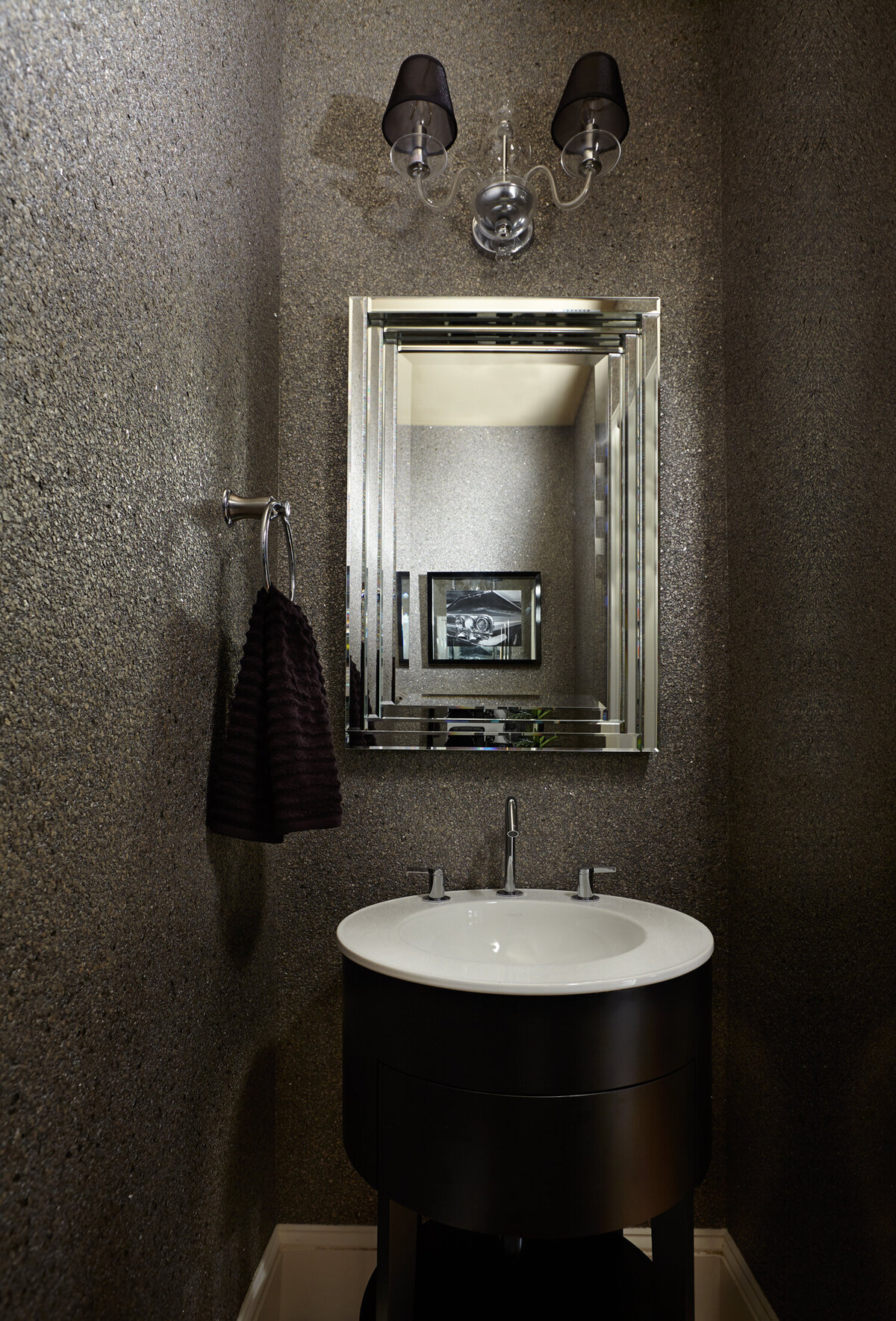 Dark Theme Powder Bath with Minimal Design Black Vanity and Wall Mirror
