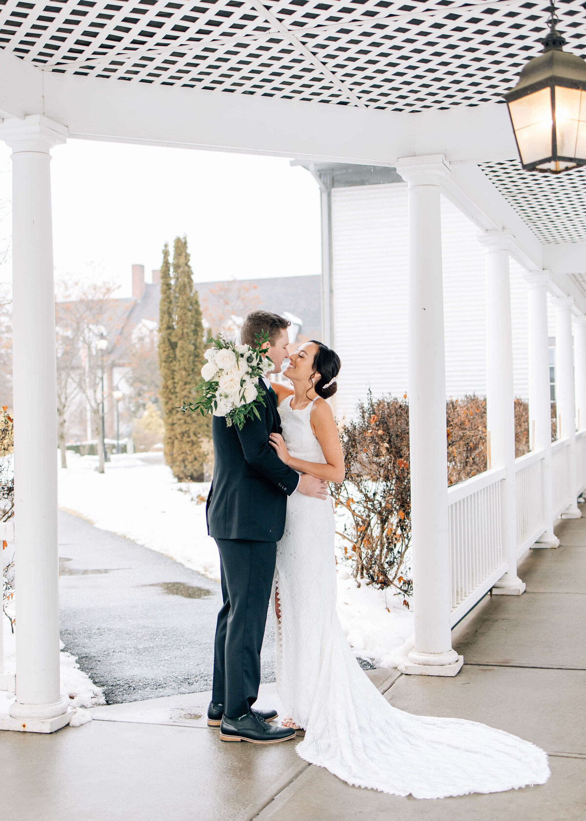 snowy winter bride and groom photos
