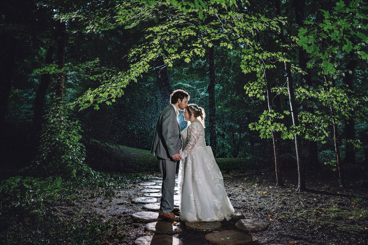 Wedding couple in rain.