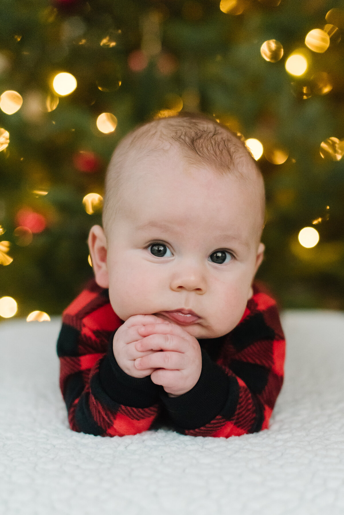 Baby laying down on white rug in front of Christmas tree