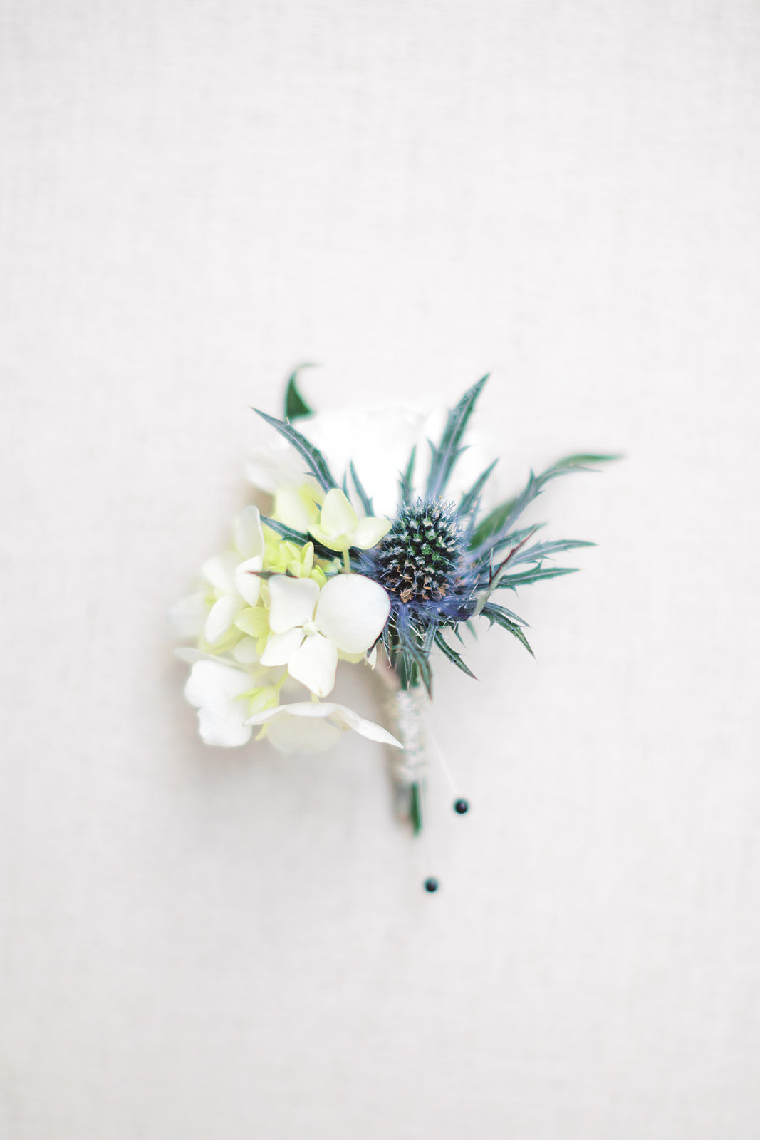 Close up of groom's boutonniere with thistle and white hydrangeas