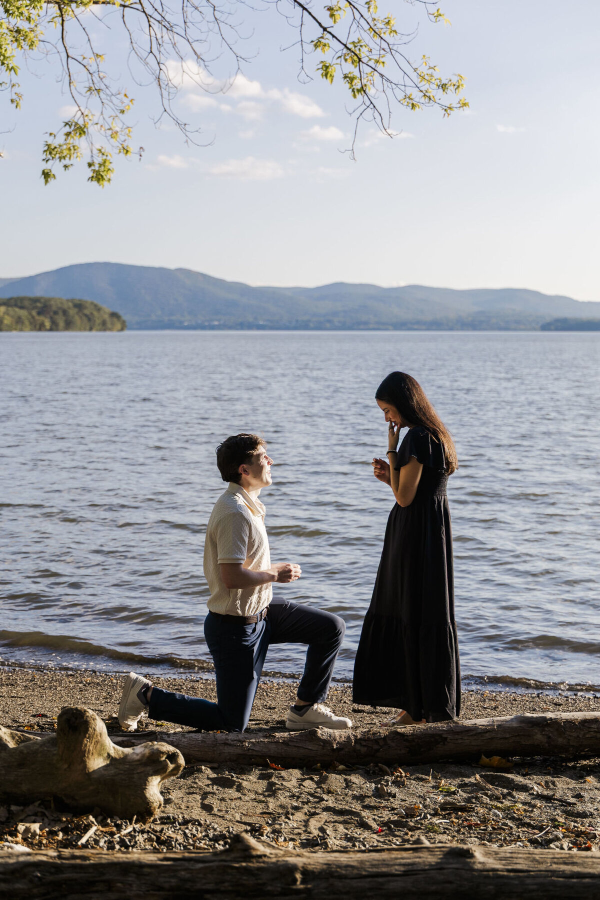 Hudson Valley proposal photography focused on genuine reactions and natural moments at Long Dock Park