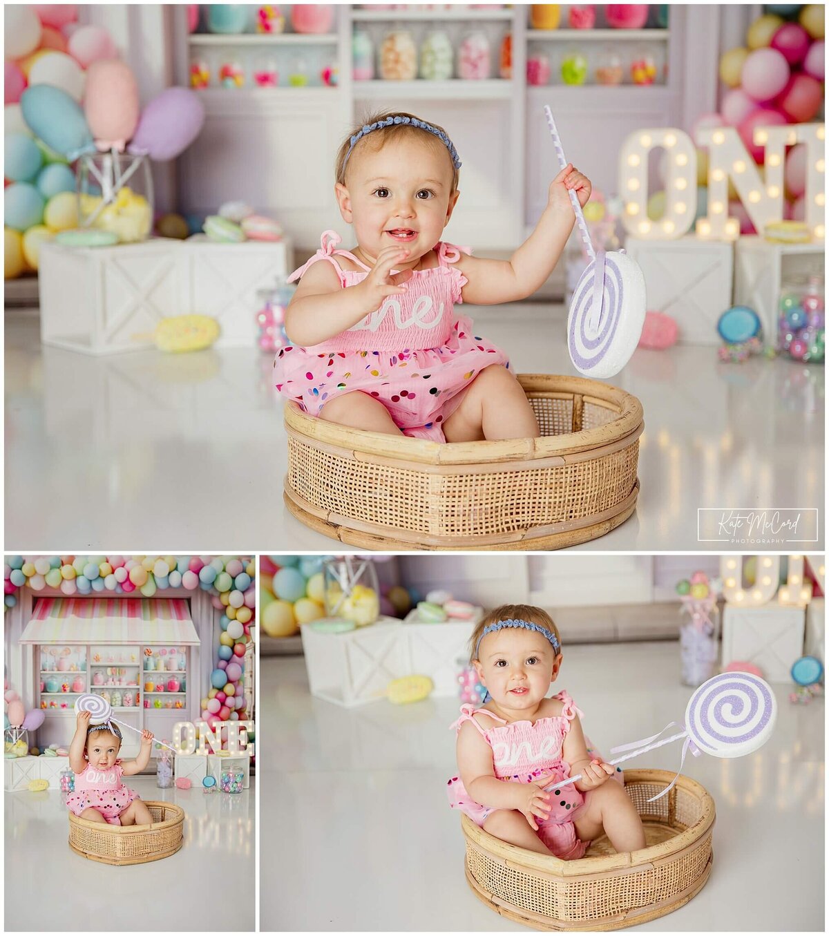 Wyatt's first birthday theme is sweet one, holding a styrofoam lollipop sitting in a wicker basket in front of a candy shop set 