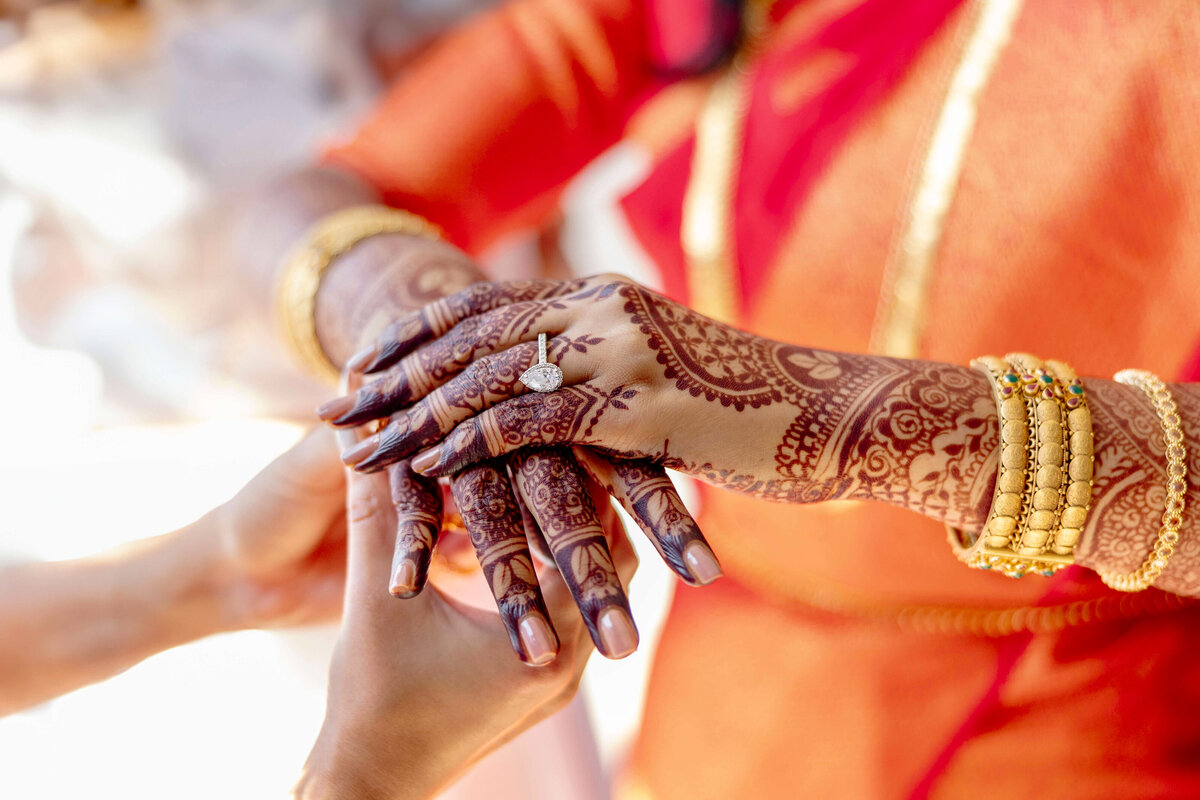 Close-up of a person wearing intricate henna designs on their hands, adorned with a diamond ring, holding anothers hand. The person is dressed in vibrant orange attire and gold bangles, highlighting a cultural or festive occasion.