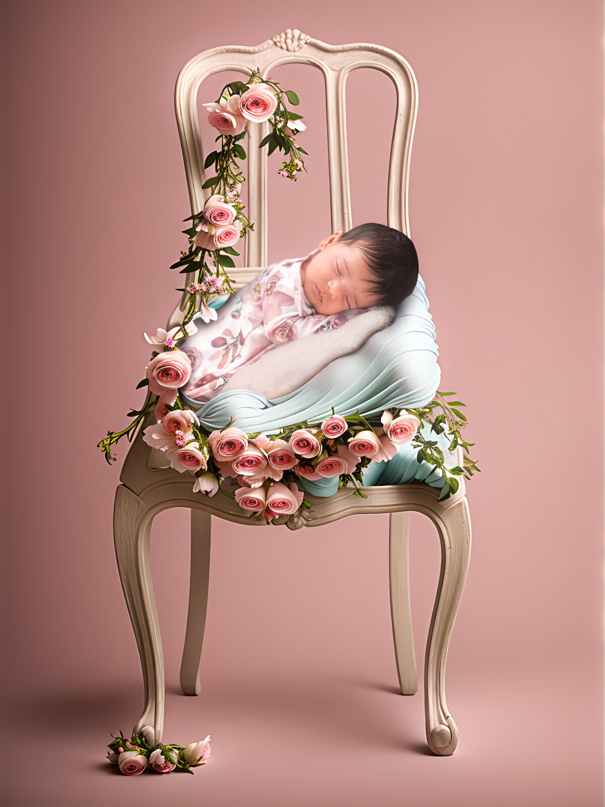 Newborn photo with chair. San Francisco newborn photography by 4Karma Studio