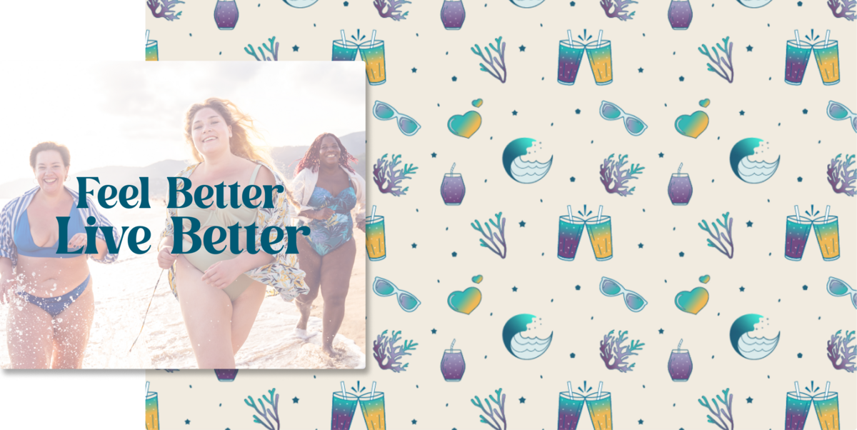 Pattern showcasing illustrations of smoothies, waves, hearts and sea moss. Lifestyle image of women running on the beach, smiling.