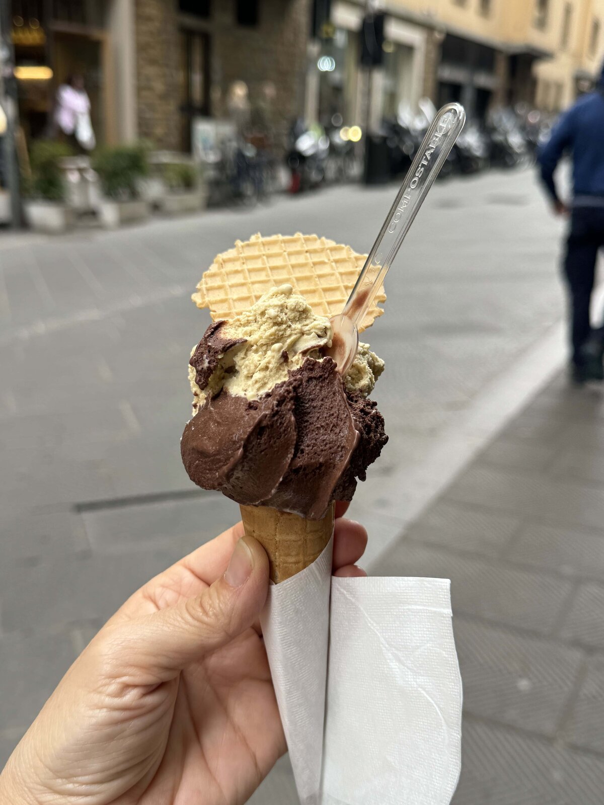 Ice cream in a cone being held