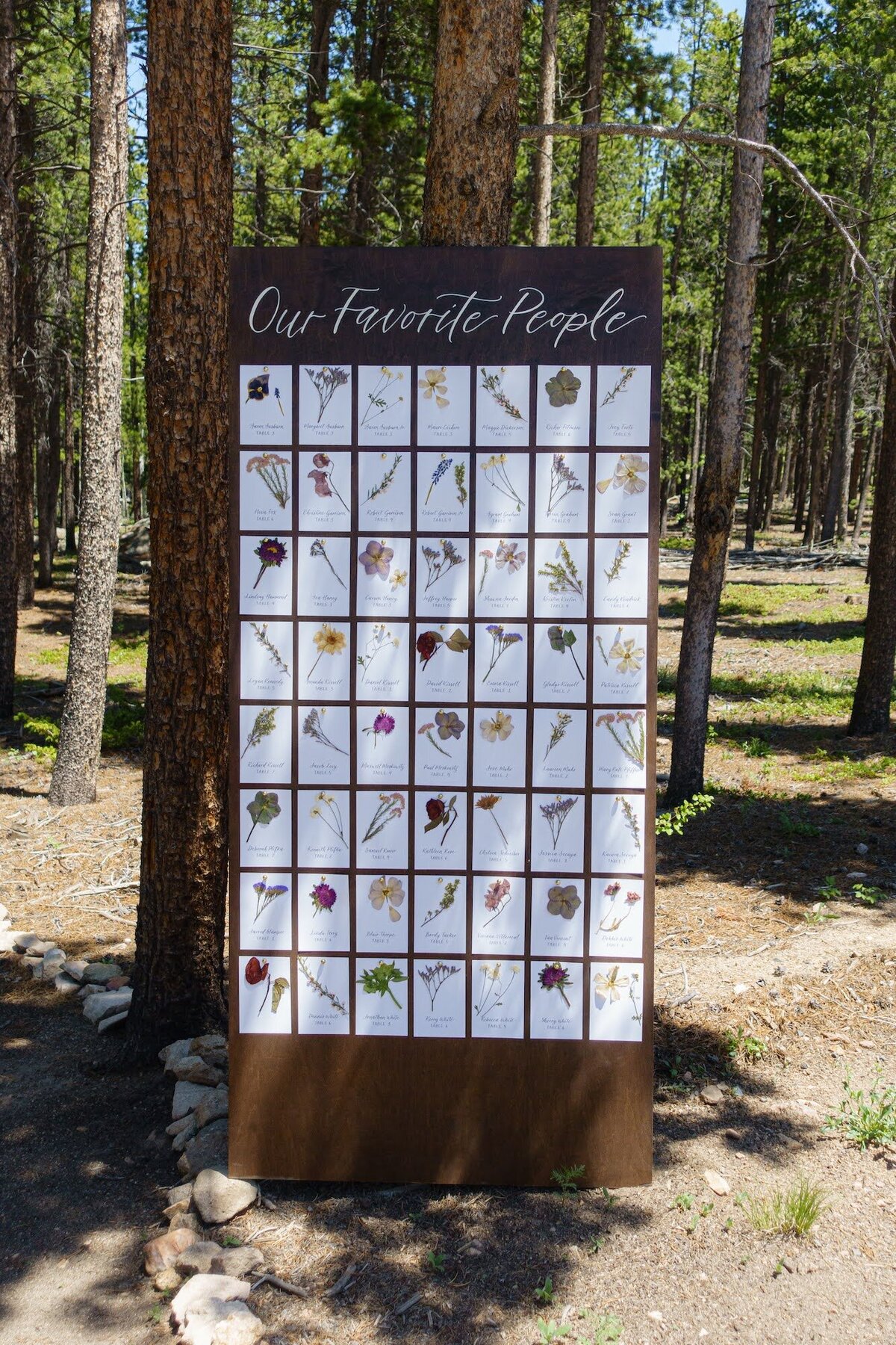 Escort card display on wood in a forest with wildflowers and calligraphy names