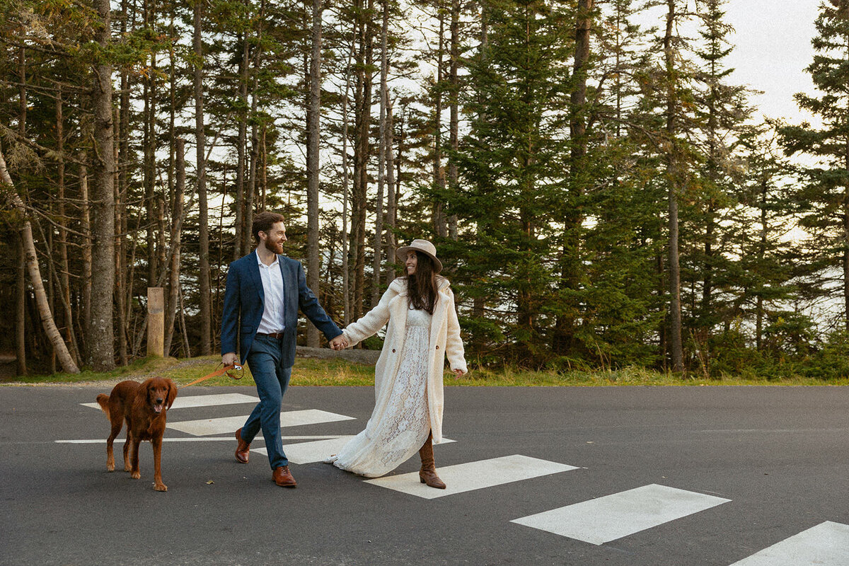 A couple walking their dog across the street in Acadia National Park during their fall elopement