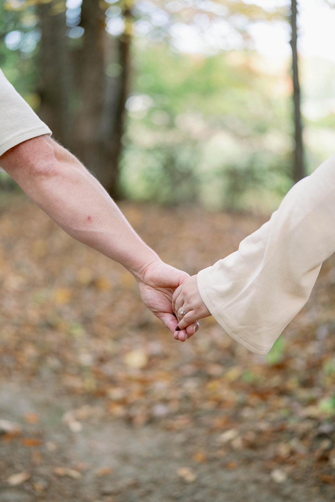 Close-up of the couple’s hands intertwined while walking along a wooded trail at Al Sabo Preserve.