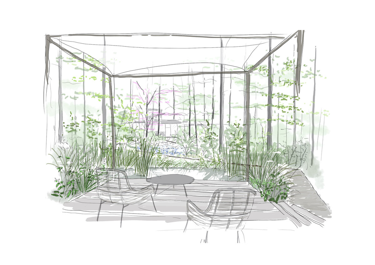 Sketch of a terrace overlooking a wooded area