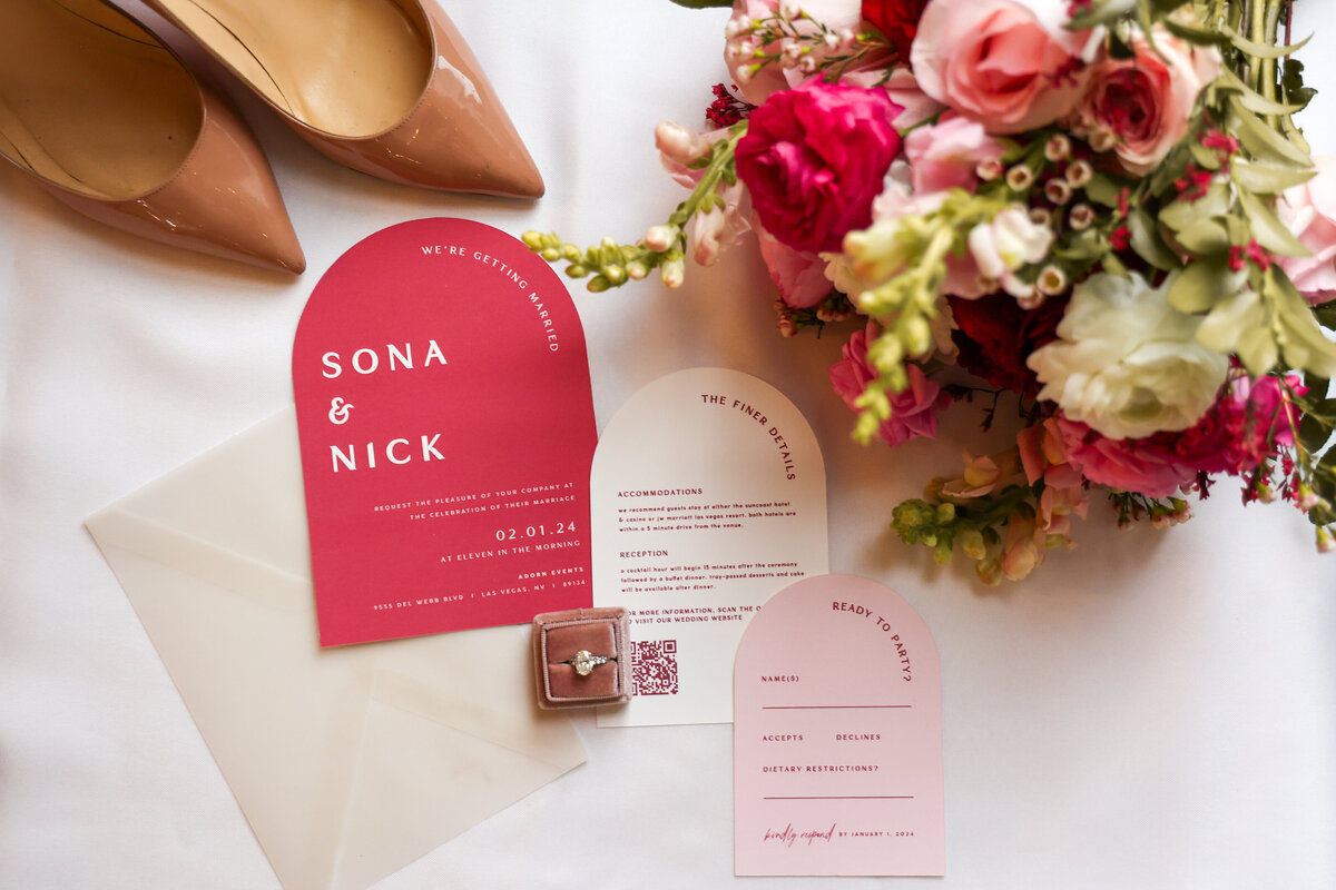 this is a wedding invitation suite designed by belle azalee stationery in las vegas with a vintage romantic color palette and arched cards.