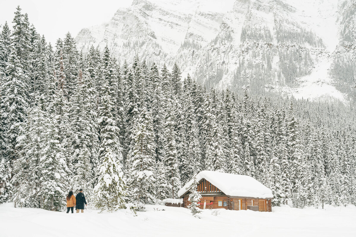 Scenic view of Lake Louise cabin nestled among snow-covered pines.