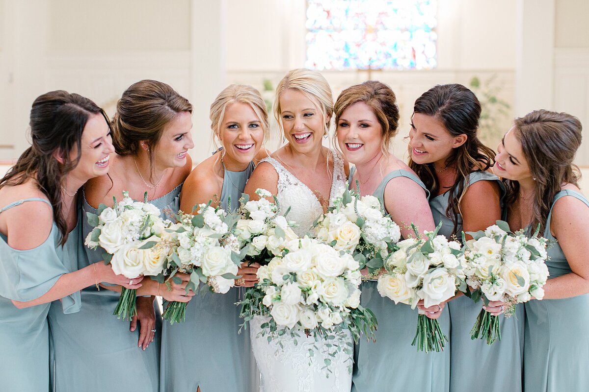 dusty-blue-bridesmaids-dresses-white-bouquet