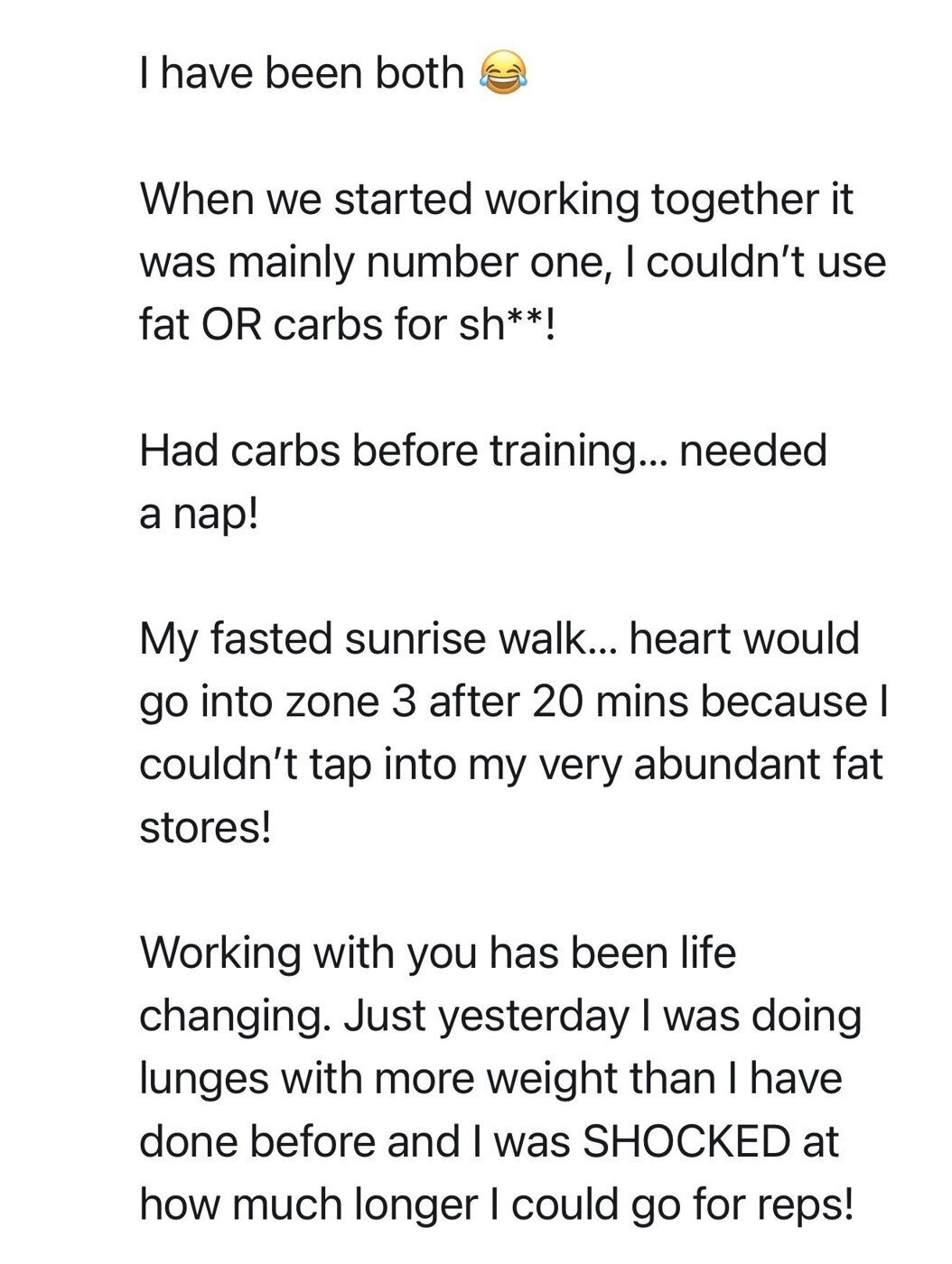 Natalia's message about not being able to use fat or carbs for fuel before APM, and now lifting more for longer