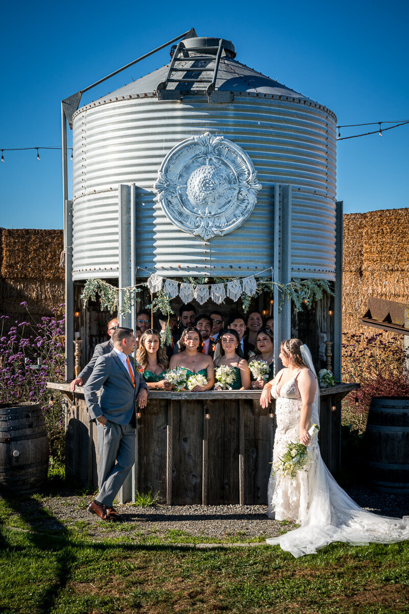 A charming wedding photo of a bride and groom leaning on the bar, gazing at each other, while their bridal party stands behind the bar at The Barn by Fernbridge, capturing a fun and stylish reception moment.