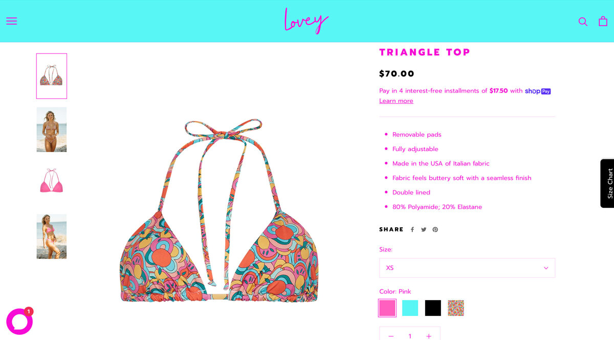 Lovey Bikini product page design with retro print bikini top