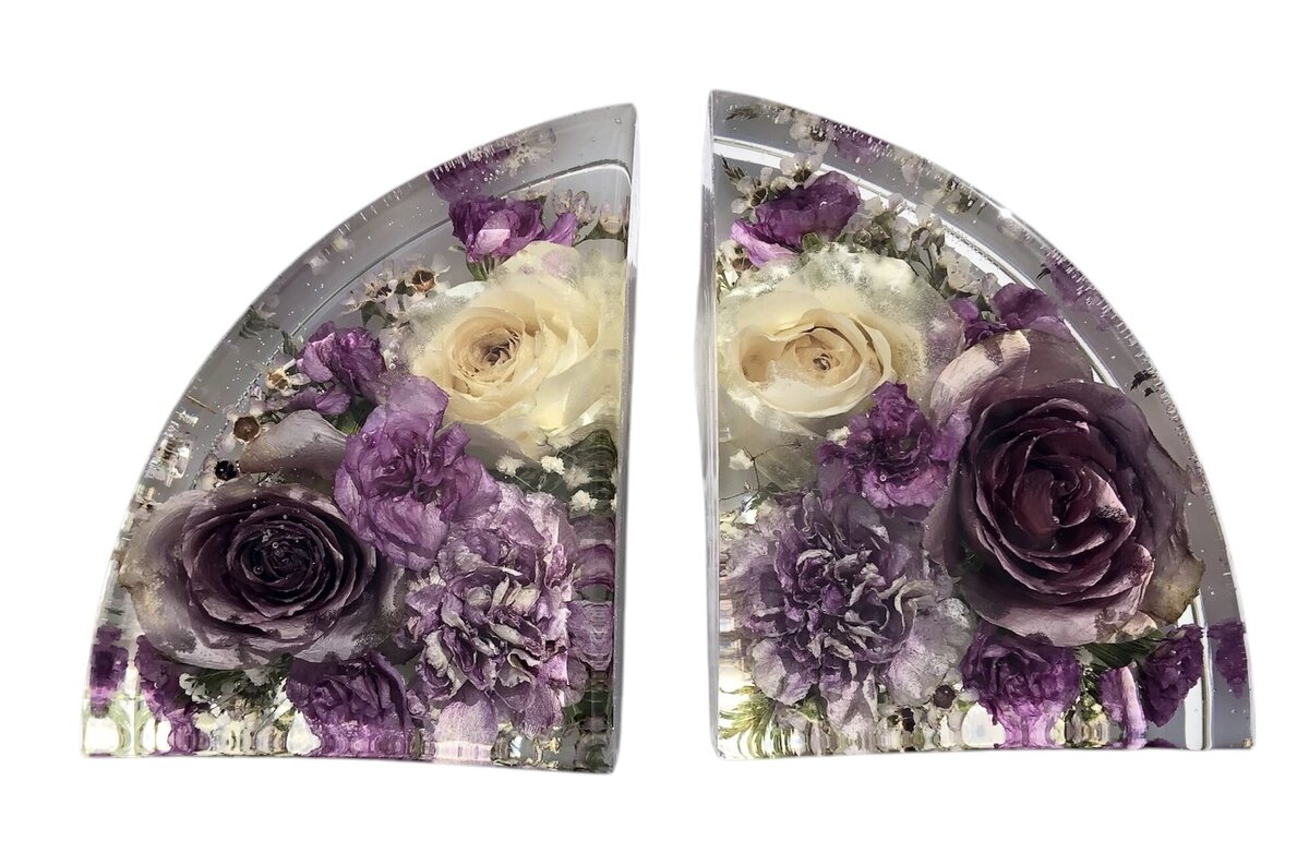 bookends resin block with bright purple and white wedding bouquet flowers preserved as a timeless keepsake