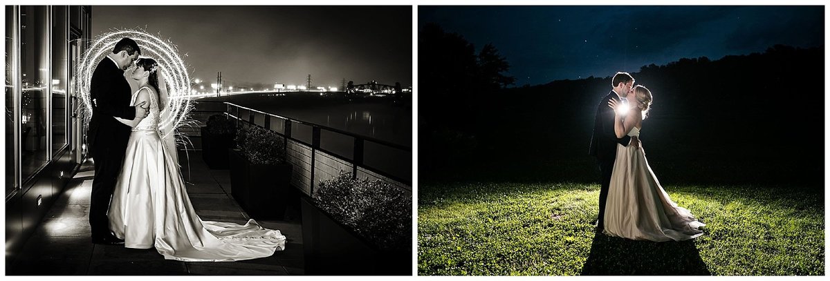 Night time photos of couples after dark at Muhammad Ali Center in Louisville.