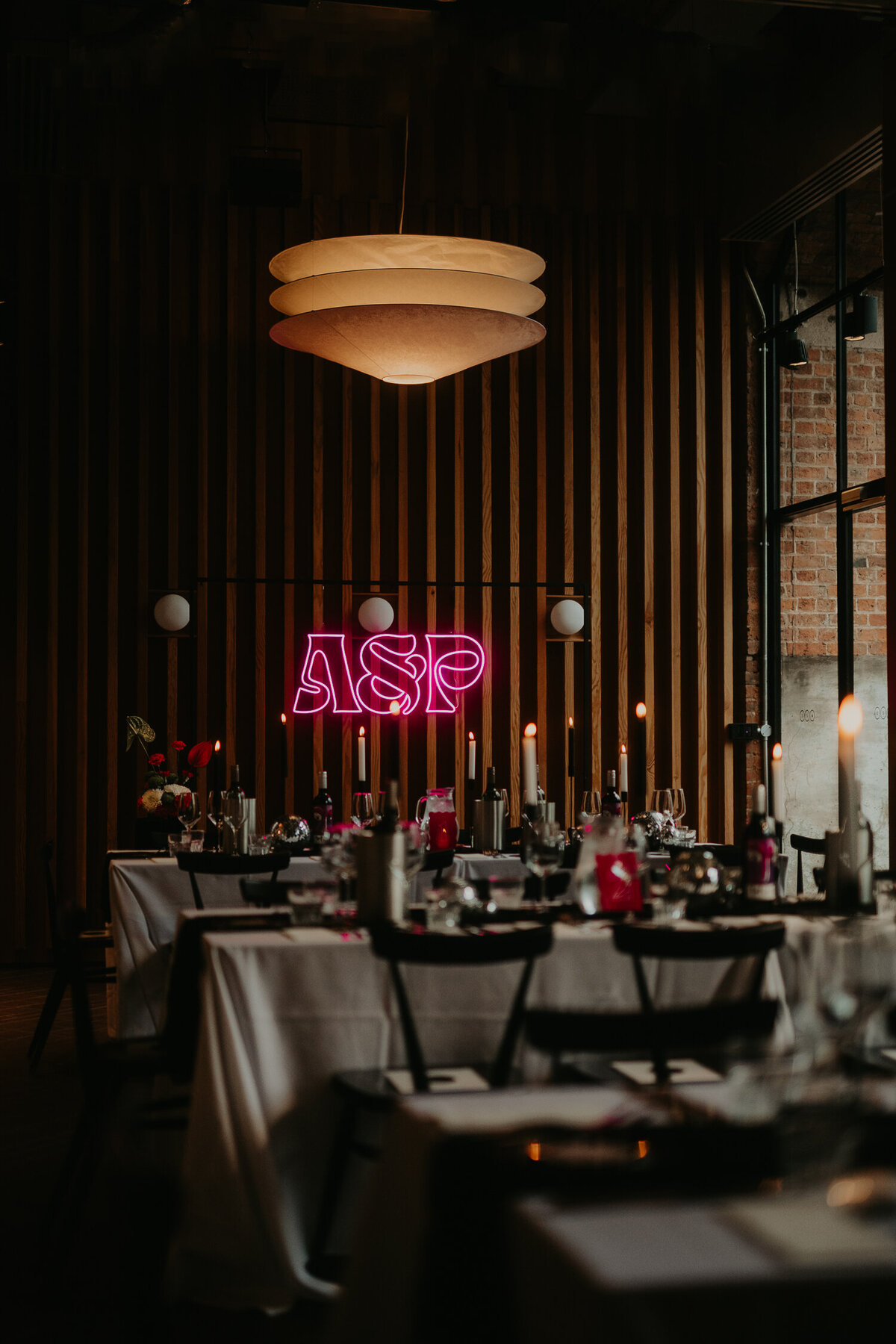 Ducie Street Warehouse in Manchester set up for a wedding breakfast. 