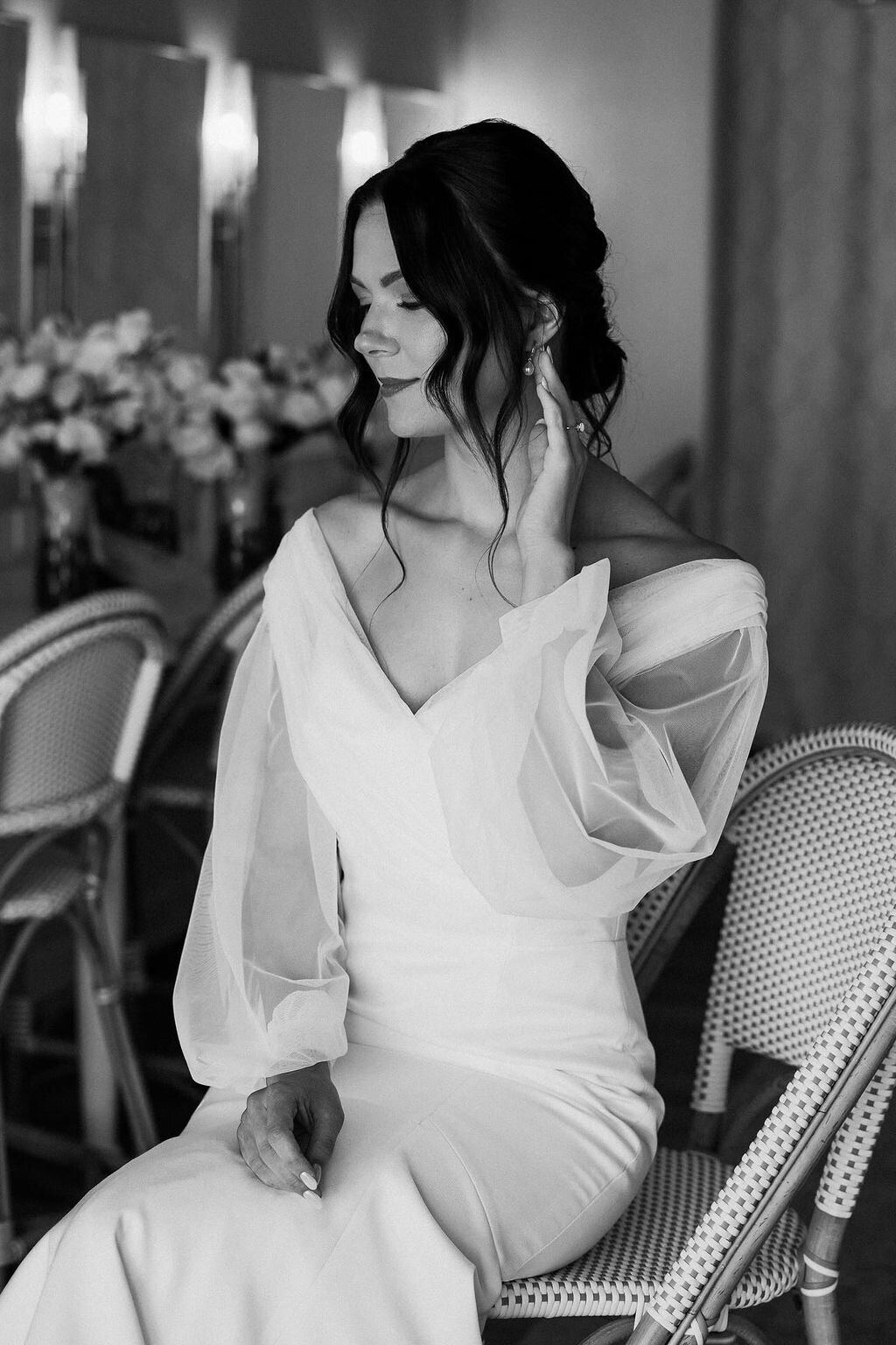 Chic bridal updo with accessories and soft, radiant makeup by Yana for an elegant Sonoma wedding.