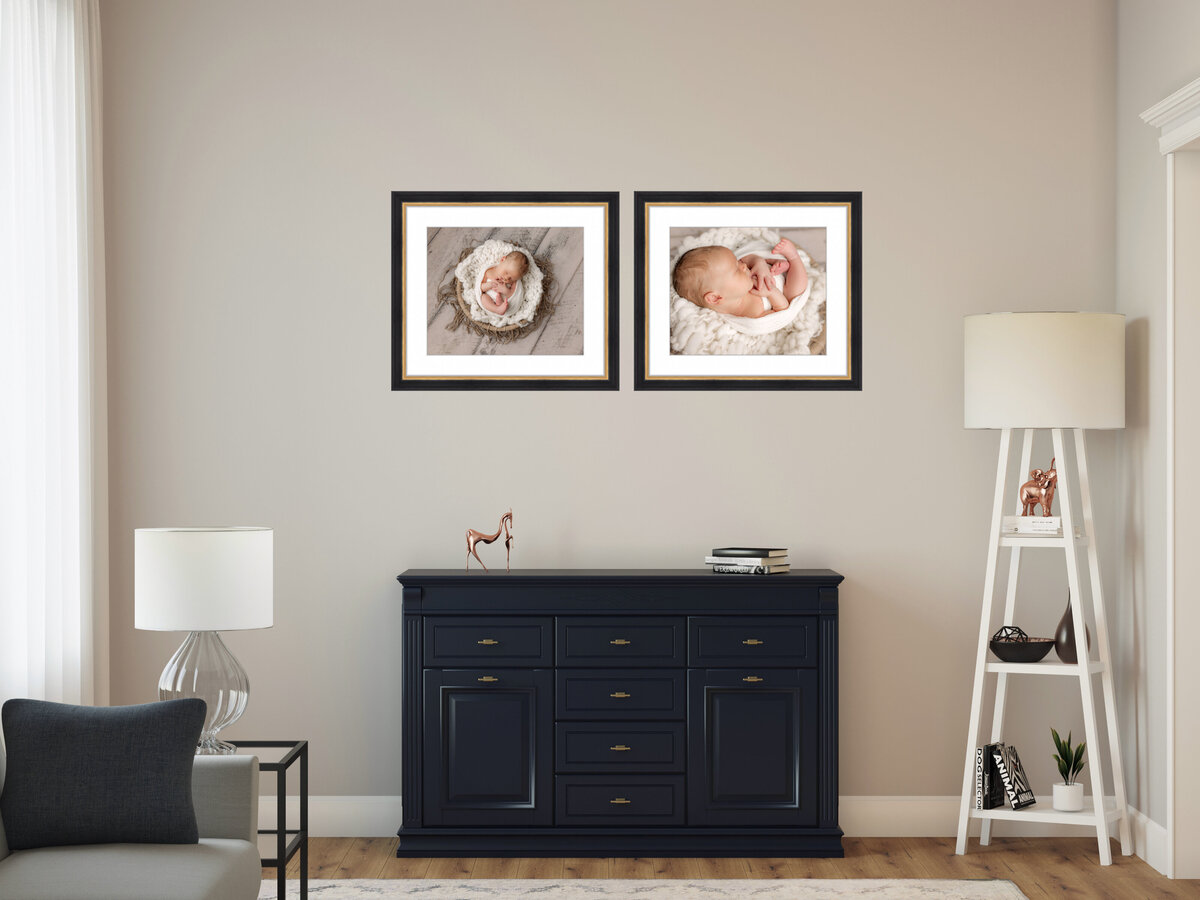 Newborn Photographer,  Wall Art with Black and Gold Frame in living room