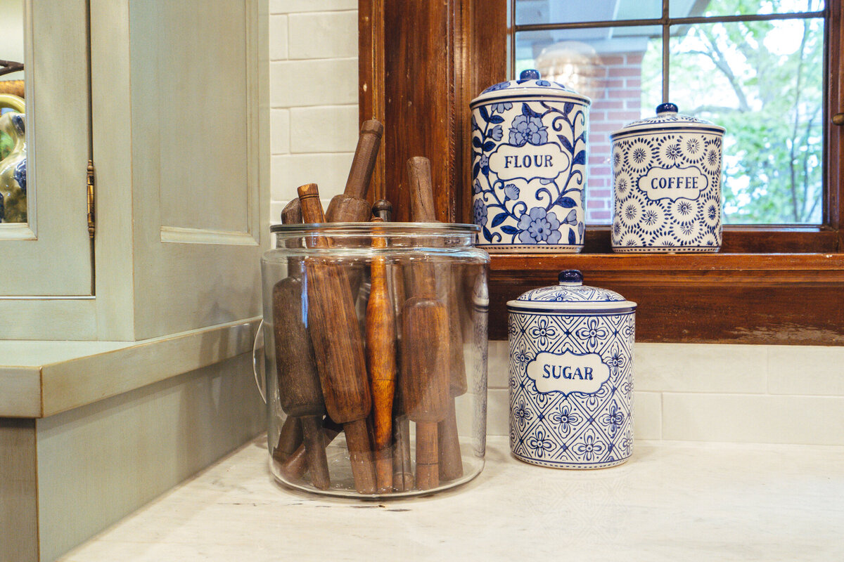 flour and sugar jars with blue and white china pattern