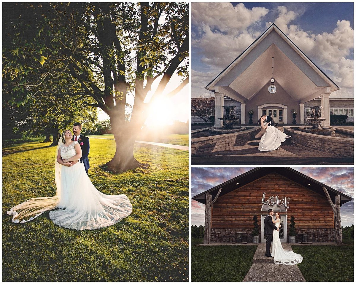 Dramatic wedding photos with sunflares outside Woodhaven Coutnry Club  and Loralee in Kentucky.