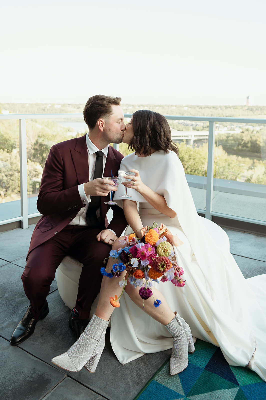 Bold Colourful Wedding, Cocktail Hour with the bride and groom
