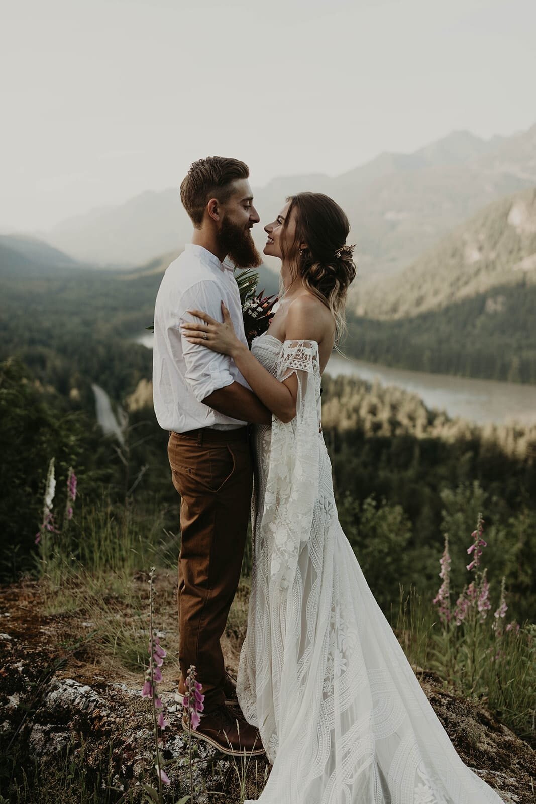 bride and groom with view