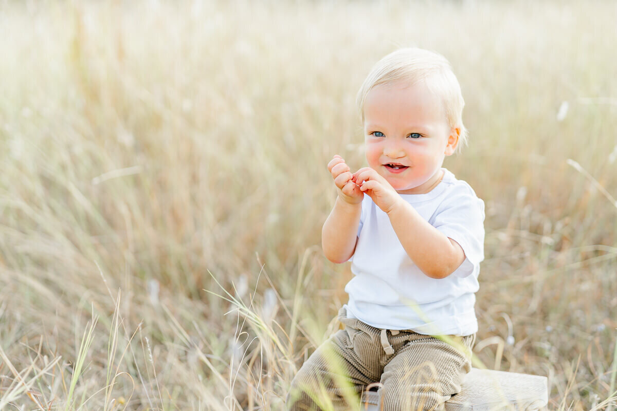 a toddler boy sits in a field of golden grass at an Austin park.