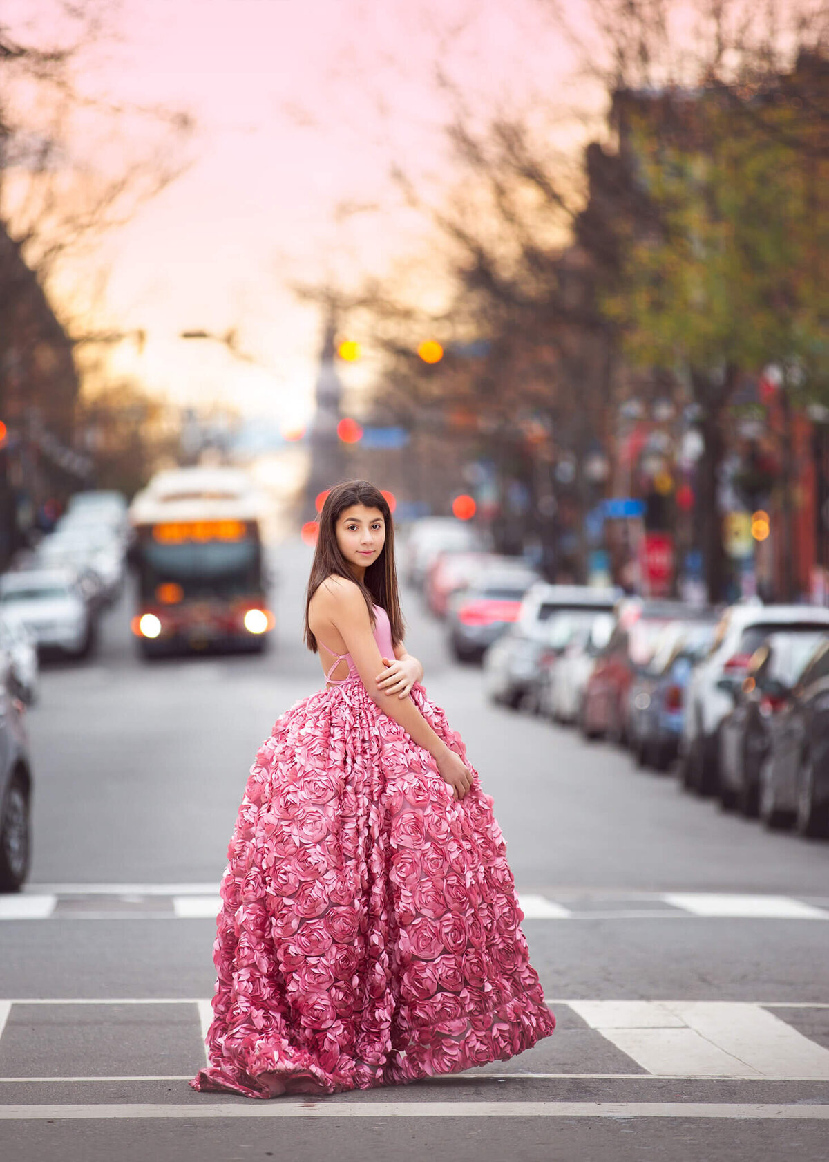 Teen wearign couture gown in urban photoshoot by LA photographer