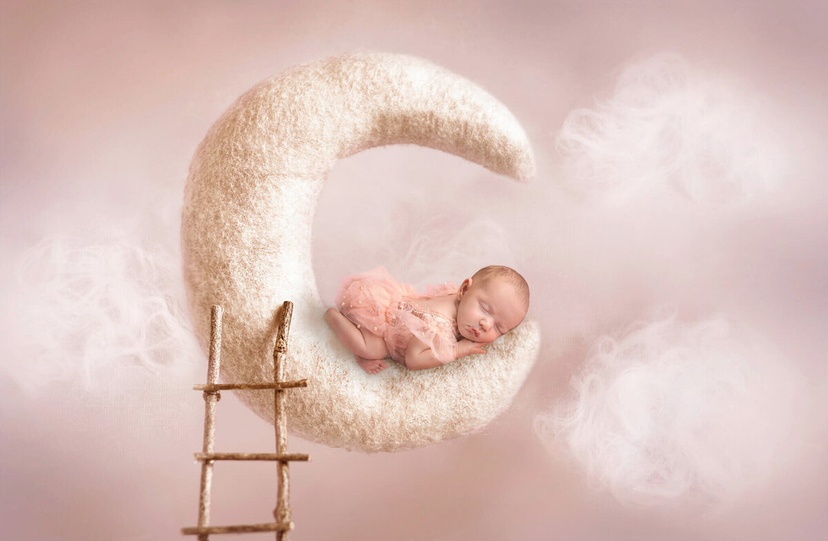 Newborn baby girl laying in a moon on a pink backdrop, composited by Elsie Rose Photography - Los Angeles newborn photographer